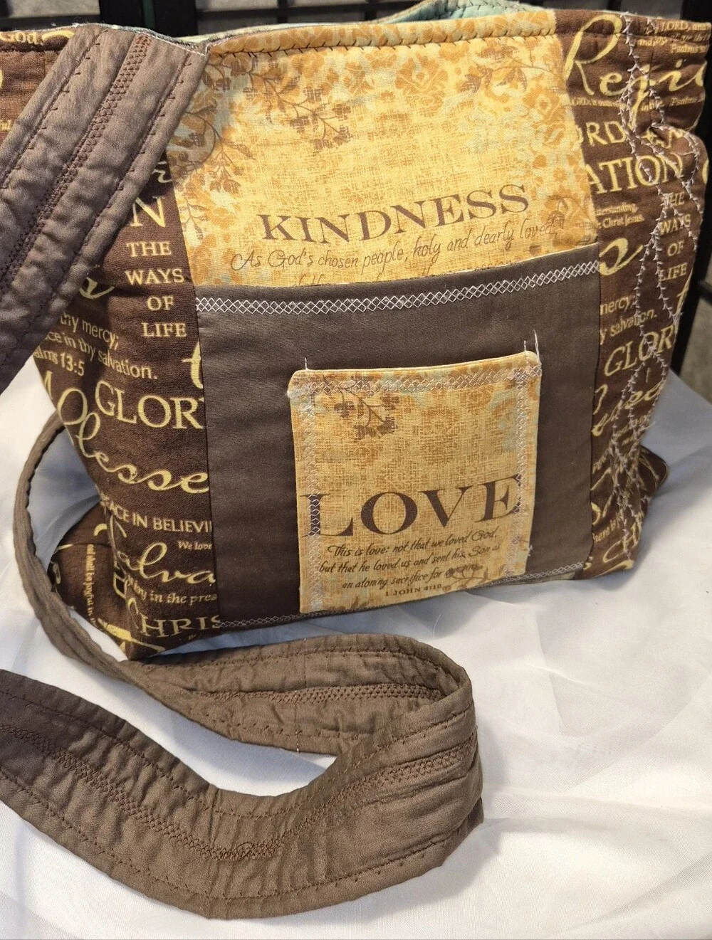 Handmade Quilted Christian Scripture Fabric Hobo